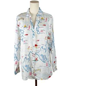 C&C California White Button-Down Linen Shirt Nautical Map Coastal Casual Sz MED
